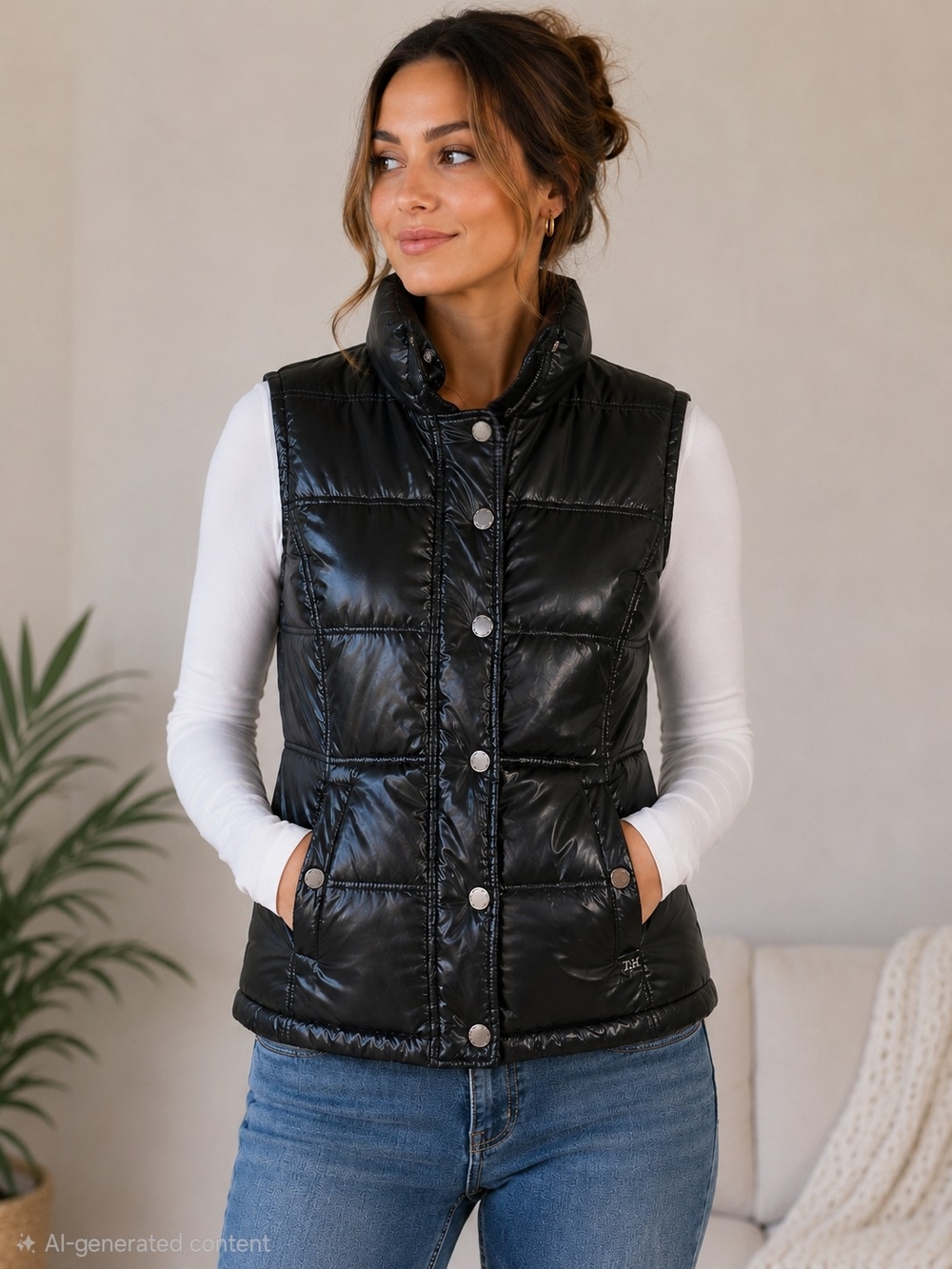 *Vintage* Tommy Hilfiger Women's Black Full-zip High-Neck Black Puffer Vest